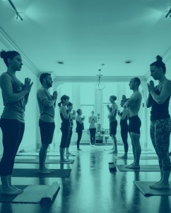 yoga students during opening chant of a led ashtanga class in main yoga studio at ashtanga yoga victoria