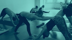 Mysore yoga teacher Arielle nash adjusting student in down-dog during mysore class in yoga studio