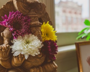 flowers on Ganesh at front of yoga studio at ashtanga yoga victoria